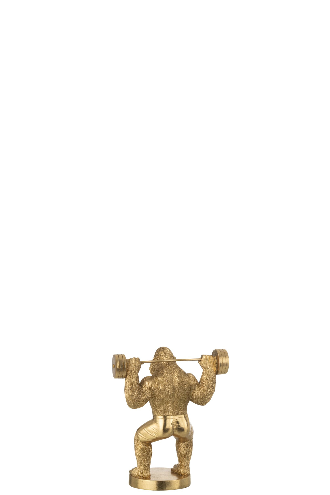 Gouden Muko gorillabeeld met halter van polyresin, modern decoratief accent voor interieur, H25,5 cm