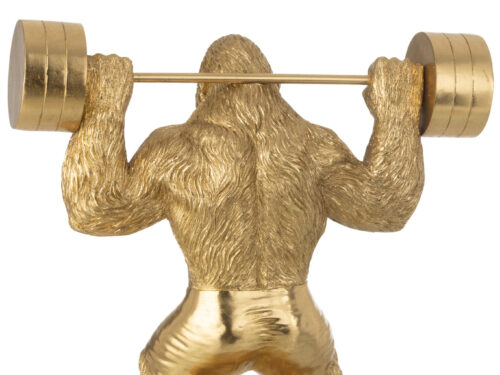Gouden polyresin gorilla Beeld Giesum met halter op ronde voet, 62,5 cm hoog