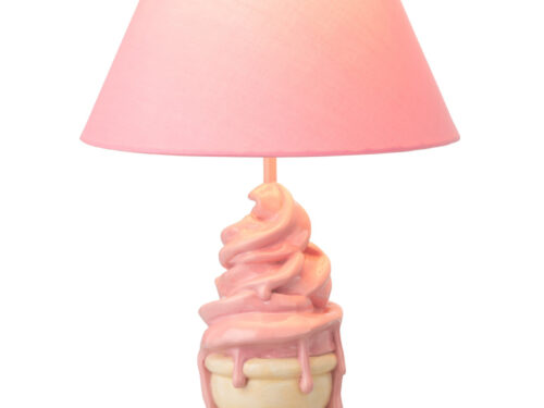 Lamp Zoldira Polyresin met roze lampenkap en speelse ijsjesvoet, decoratief en 47,5 cm hoog