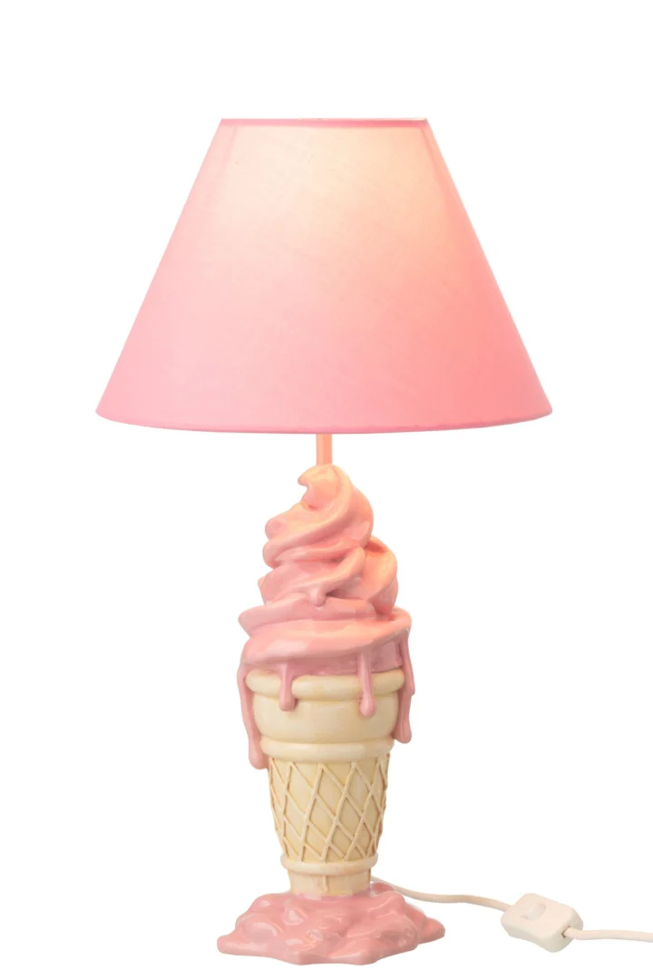 Lamp Zoldira Polyresin met roze lampenkap en speelse ijsjesvoet, decoratief en 47,5 cm hoog