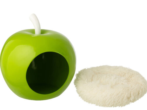 Groene Kattenmand Knut van polyresin met appelvorm en zacht kussen, opvallend en stabiel voor in huis