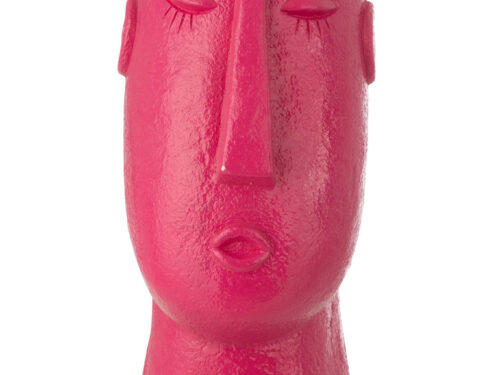 Roze Grultora buitenvaas met sculpturaal gezicht, 43 cm hoog, van stevig MGO