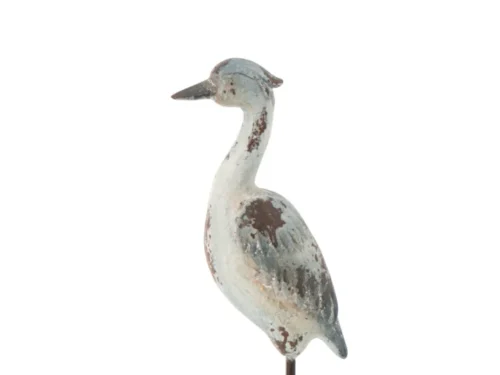 Decoratiefiguur Zanzibar Blauw H51 cm, slanke vogel op metalen pin met verweerde blauwe afwerking