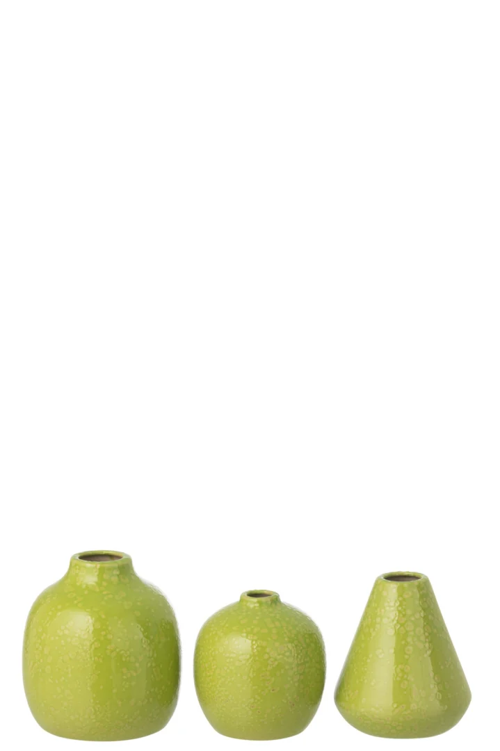 Jeelund set van 3 groene porseleinen vazen, compact en sfeervol, 11,5 cm hoog per stuk