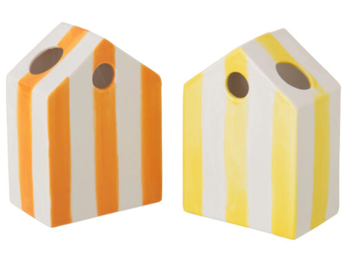 Vaas Foossas porselein set van 2 met geel-oranje strepen, compacte decoratieve vazen van 14,5 cm