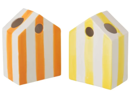 Vaas Foossas porselein set van 2 met geel-oranje strepen, compacte decoratieve vazen van 14,5 cm