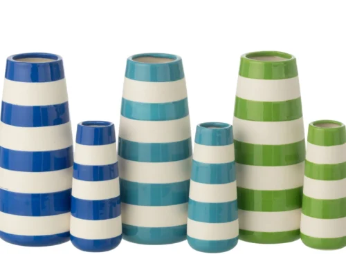 Set van 3 Durdil porseleinen vazen met groene strepen en slanke, decoratieve vorm
