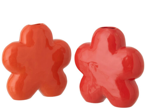 Vaas Heebia Porselein Oranje H17 cm set van 2 met glanzende bloemvorm en slank silhouet