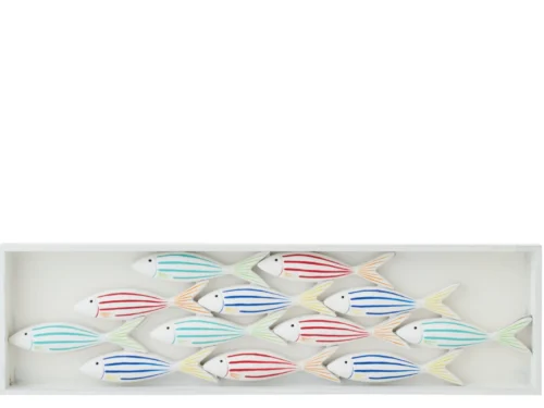 Wanddecoratie Taaror meerkleurig, langwerpig MDF paneel met speelse vissen in rood, blauw, groen en geel