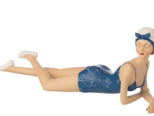 Beeld Files polyresin blauw, liggende vrouw met badpak en hoofddoek, 54 cm woonaccessoire