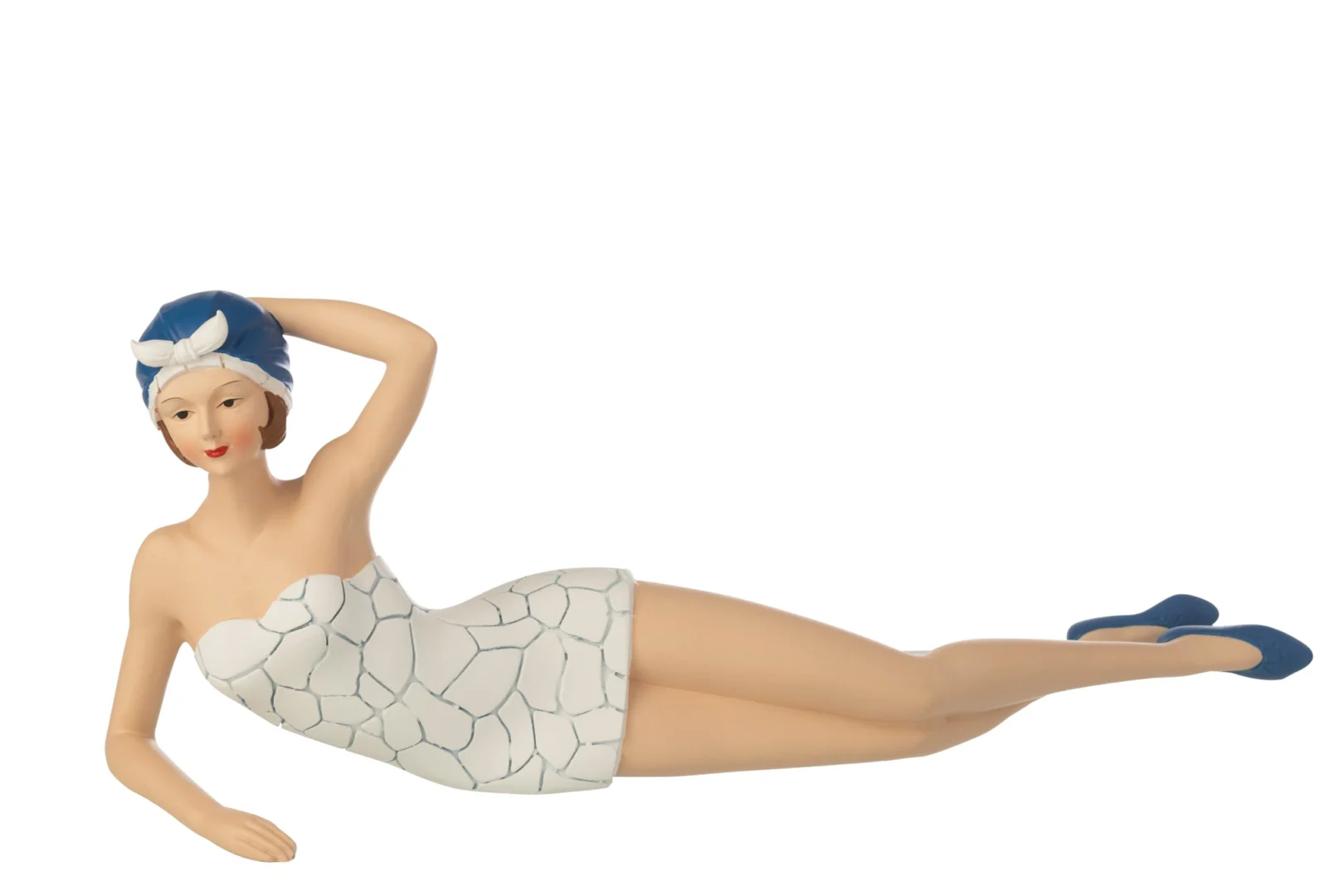 Beeld Keikano polyresin wit: liggende vrouw in badpak met blauwe badmuts, langwerpig en decoratief, H19 cm