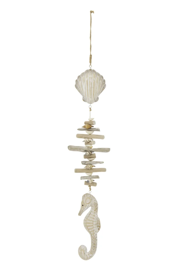 Schelpenhanger Liellos Hout Naturel met schelp, drijfhout en zeepaardje in zachte naturel tinten