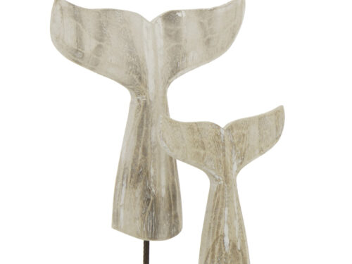 Decoratiefiguur Huskis hout naturel, tweedelig met visstaarten op metalen standaard