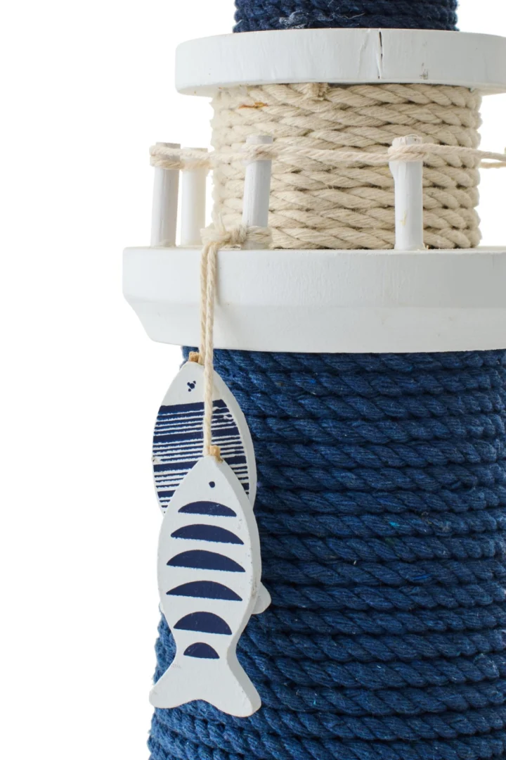 Decoratie Vinoro Touw Blauw vuurtoren met blauw-wit touw en hangende visdetails, nautische woondecoratie