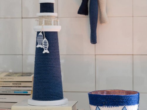 Vishanger Kiensund Touw Blauw met nautische visjes en touwdecoratie, stijlvol blauw accent voor aan de muur