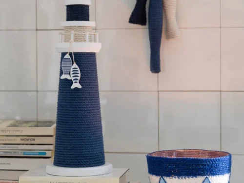Vishanger Kiensund Touw Blauw met nautische visjes en touwdecoratie, stijlvol blauw accent voor aan de muur