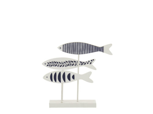 Decoratiefiguur Dulvena MDF blauw met drie vissen op standaard, gemêleerd patroon en natuurlijke bamboe look, H28 cm