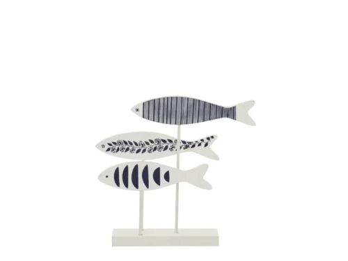 Decoratiefiguur Dulvena MDF blauw met drie vissen op standaard, gemêleerd patroon en natuurlijke bamboe look, H28 cm