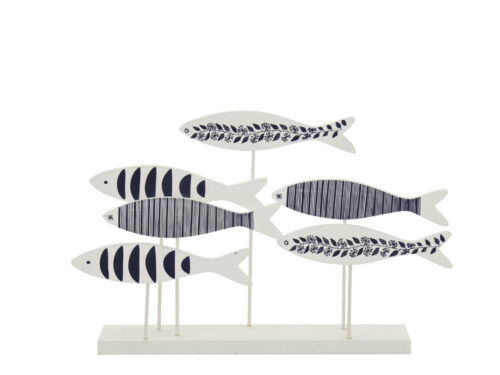 Decoratiefiguur Teeldan blauw MDF met vijf visvormen op voet, speels en decoratief