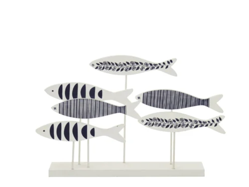 Decoratiefiguur Teeldan blauw MDF met vijf visvormen op voet, speels en decoratief