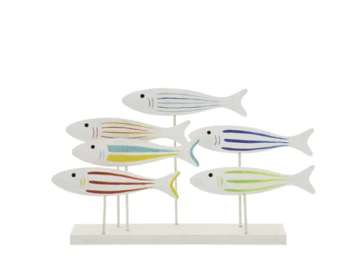 Decoratiefiguur Taandonte MDF meerkleurig met vijf gestreepte vissen op voet, H30 cm