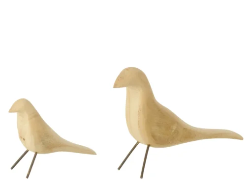 Skeeror decoratiefiguur set van 2 vogels in naturel paulowniahout met ijzeren poten, H34 cm