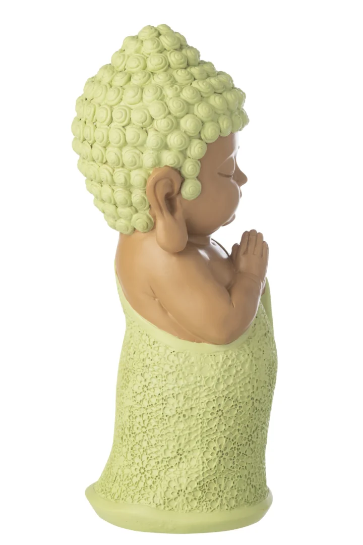 Kirello beeld van biddende monnik in mintgroen polyresin, 32,5 cm, met serene uitstraling en reliëfdetail