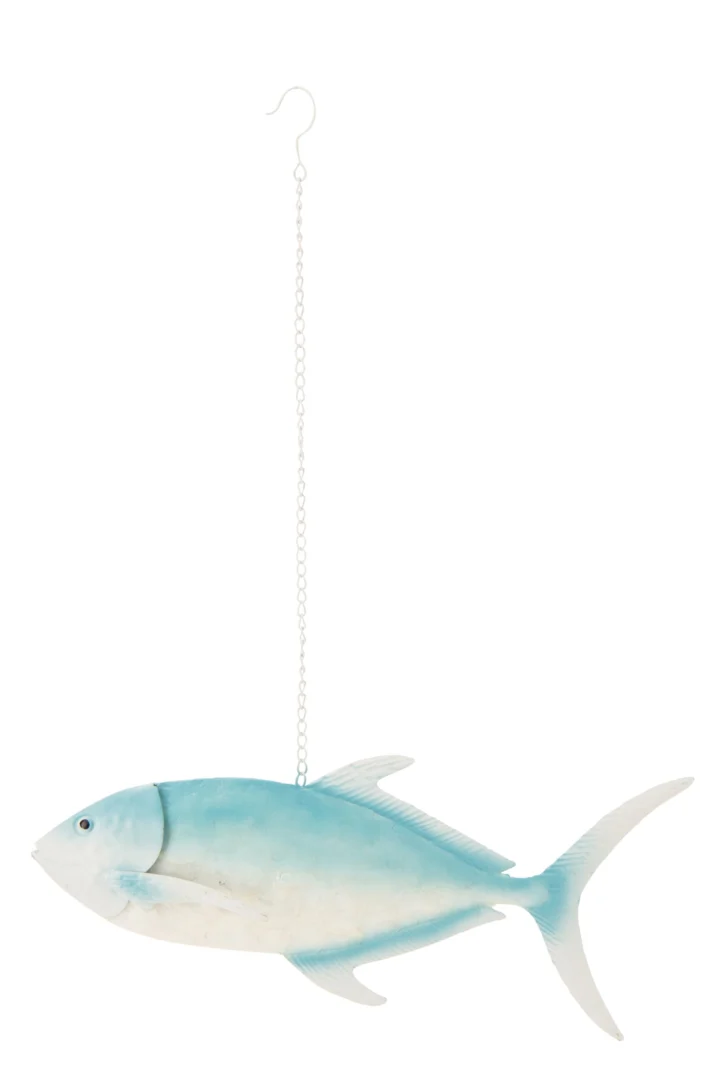 Decoratiefiguur Flaurri blauwe hangvis van metaal met ketting en subtiele schelpelementen, 59,7 cm lang