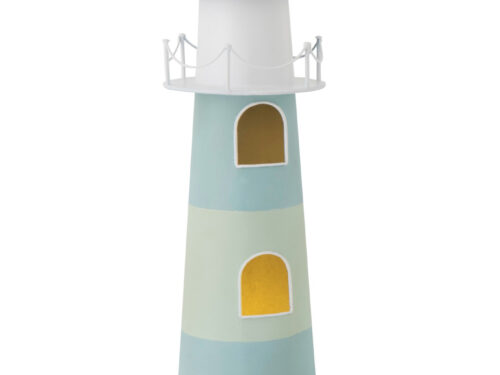 Lamp Tralvesta Blauw in vuurtorenvorm, lichtblauw en wit, decoratief ijzeren woonaccessoire met warme lichtopening