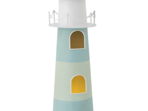 Lamp Tralvesta Blauw in vuurtorenvorm, lichtblauw en wit, decoratief ijzeren woonaccessoire met warme lichtopening