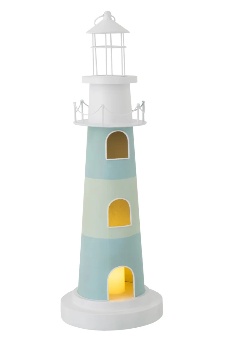 Lamp Tralvesta Blauw in vuurtorenvorm, lichtblauw en wit, decoratief ijzeren woonaccessoire met warme lichtopening