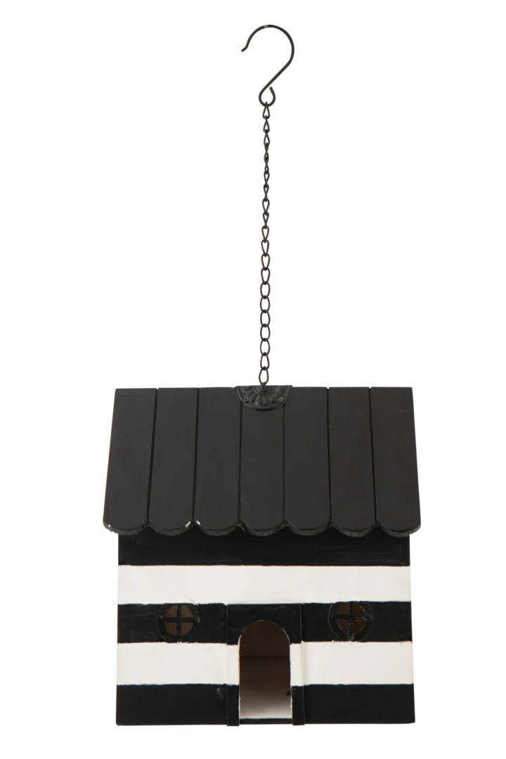 Vogelhuisje Gustik Hout Zwart met ophangketting en zwart-wit gestreept design