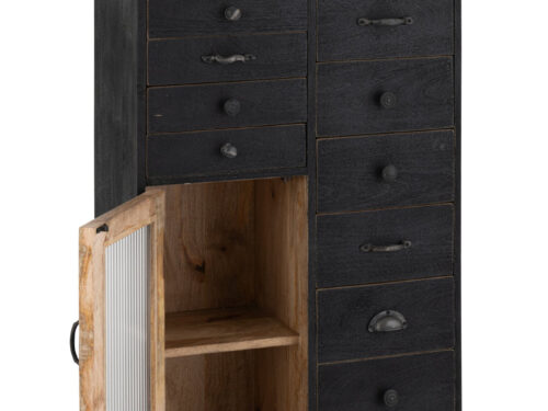 Kast Rhenen Zwart 62 cm van zwart mangohout met glasdeur, meerdere lades en open opbergruimte