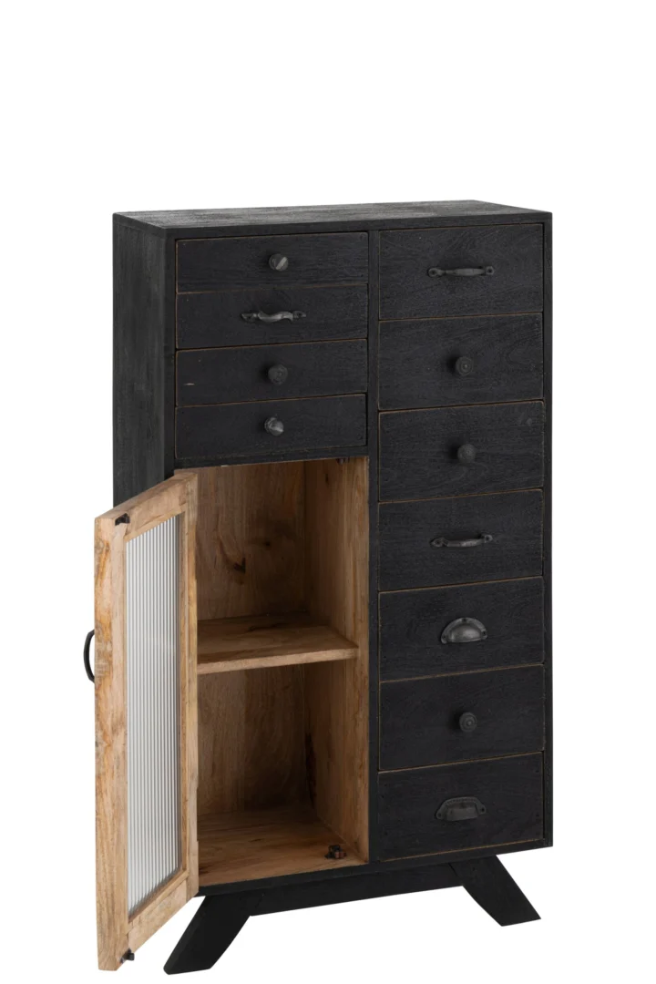 Kast Rhenen Zwart 62 cm van zwart mangohout met glasdeur, meerdere lades en open opbergruimte