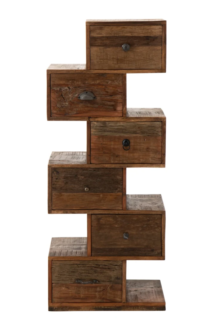 Ladekast Kunaro naturel 55 cm van gerecycled hout en ijzer, slank en stoer met vijf lades