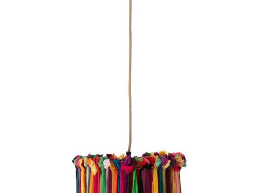Lampenkap Miedu meerkleurig met stoffen franjes en zwarte metalen fitting, compact en sfeervol