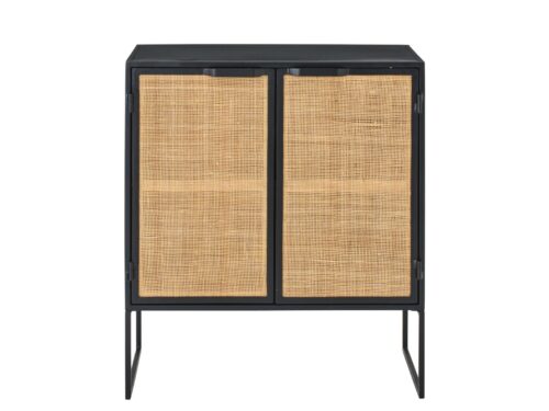 Kast Moollal Zwart 78,5 cm met rotan deuren, zwart ijzer en slanke poten