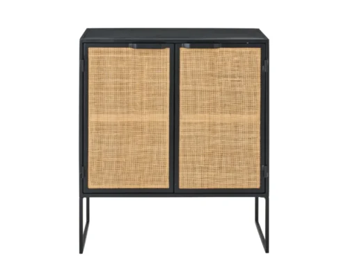 Kast Moollal Zwart 78,5 cm met rotan deuren, zwart ijzer en slanke poten