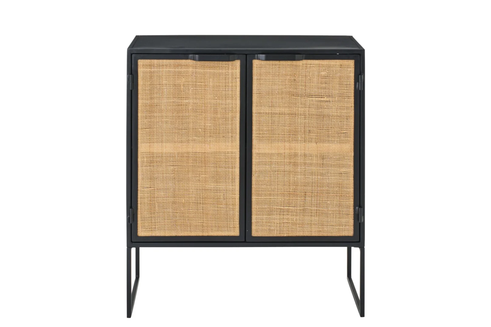 Kast Moollal Zwart 78,5 cm met rotan deuren, zwart ijzer en slanke poten