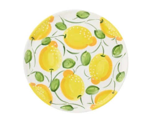 Bord Farrel Keramiek Geel met citroenprint, 34 cm rond, handgeschilderde look in stijlvol keramiek