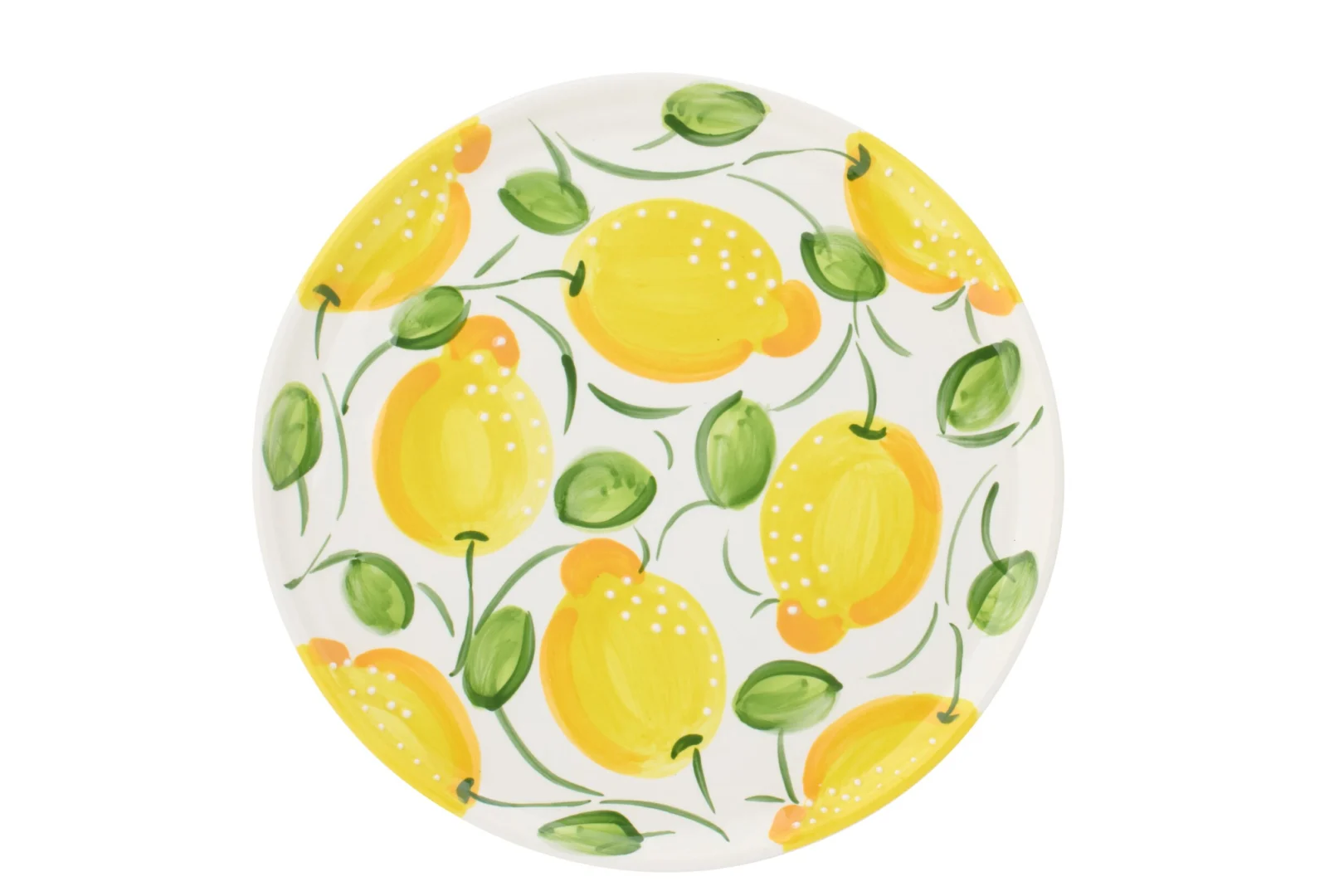 Bord Farrel Keramiek Geel met citroenprint, 34 cm rond, handgeschilderde look in stijlvol keramiek