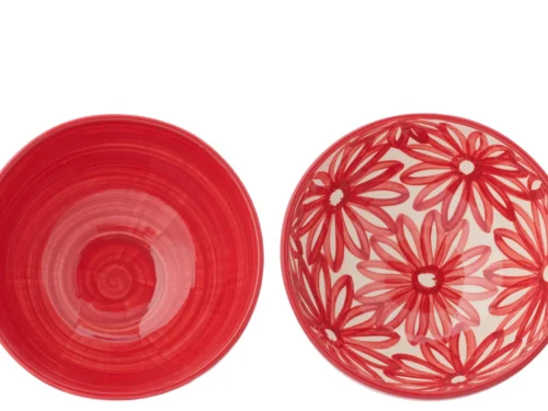 Kom Klasir keramiek rood, set van 2 grote kommen met bloemenprint en effen binnenzijde