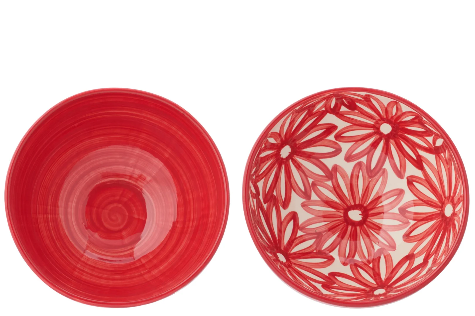 Kom Klasir keramiek rood, set van 2 grote kommen met bloemenprint en effen binnenzijde