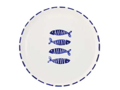 Visbord Zeebia blauw keramiek met visdecor en gestreepte rand, stijlvol en stevig 34 cm bord