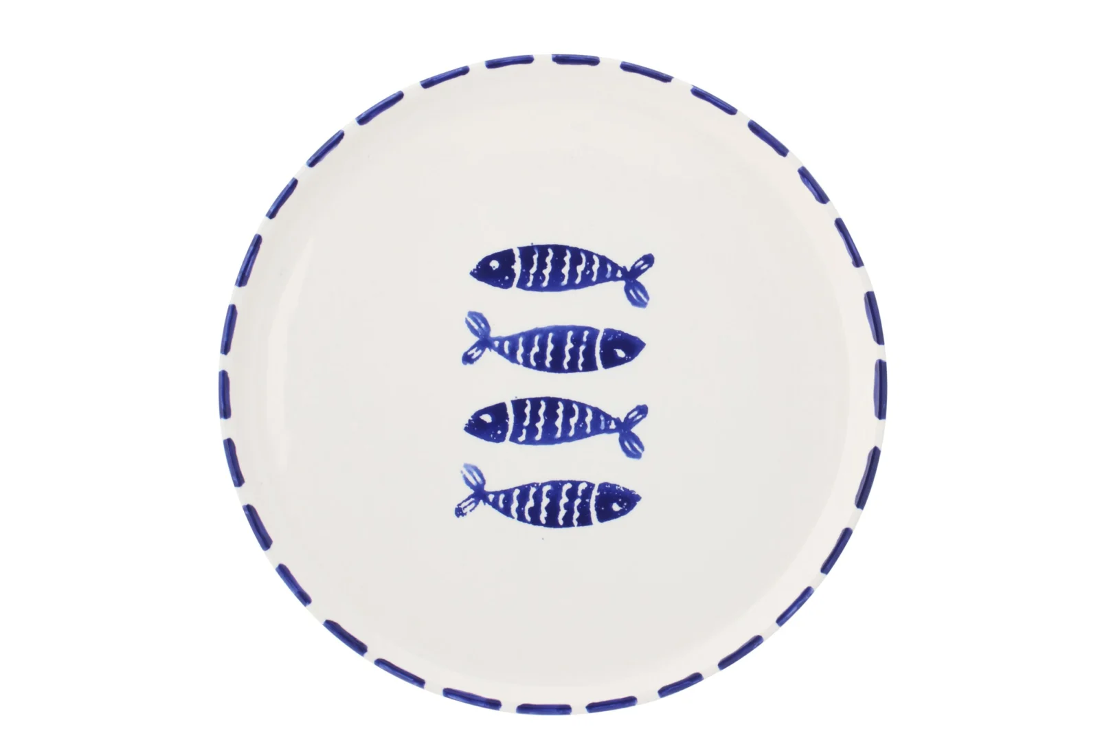 Visbord Zeebia blauw keramiek met visdecor en gestreepte rand, stijlvol en stevig 34 cm bord