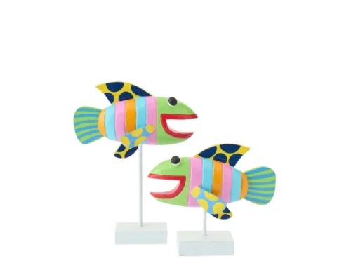 Set van 2 Harmattan Albizia decoratiefiguren in visvorm, meerkleurig hout met speelse strepen en polkadots