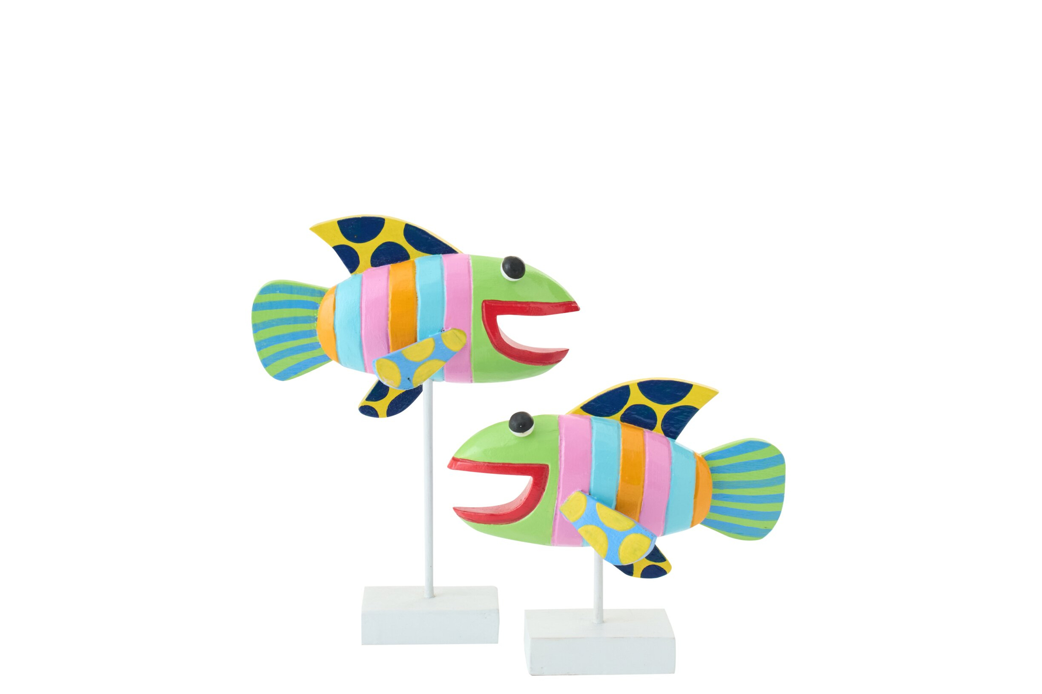 Set van 2 Harmattan Albizia decoratiefiguren in visvorm, meerkleurig hout met speelse strepen en polkadots