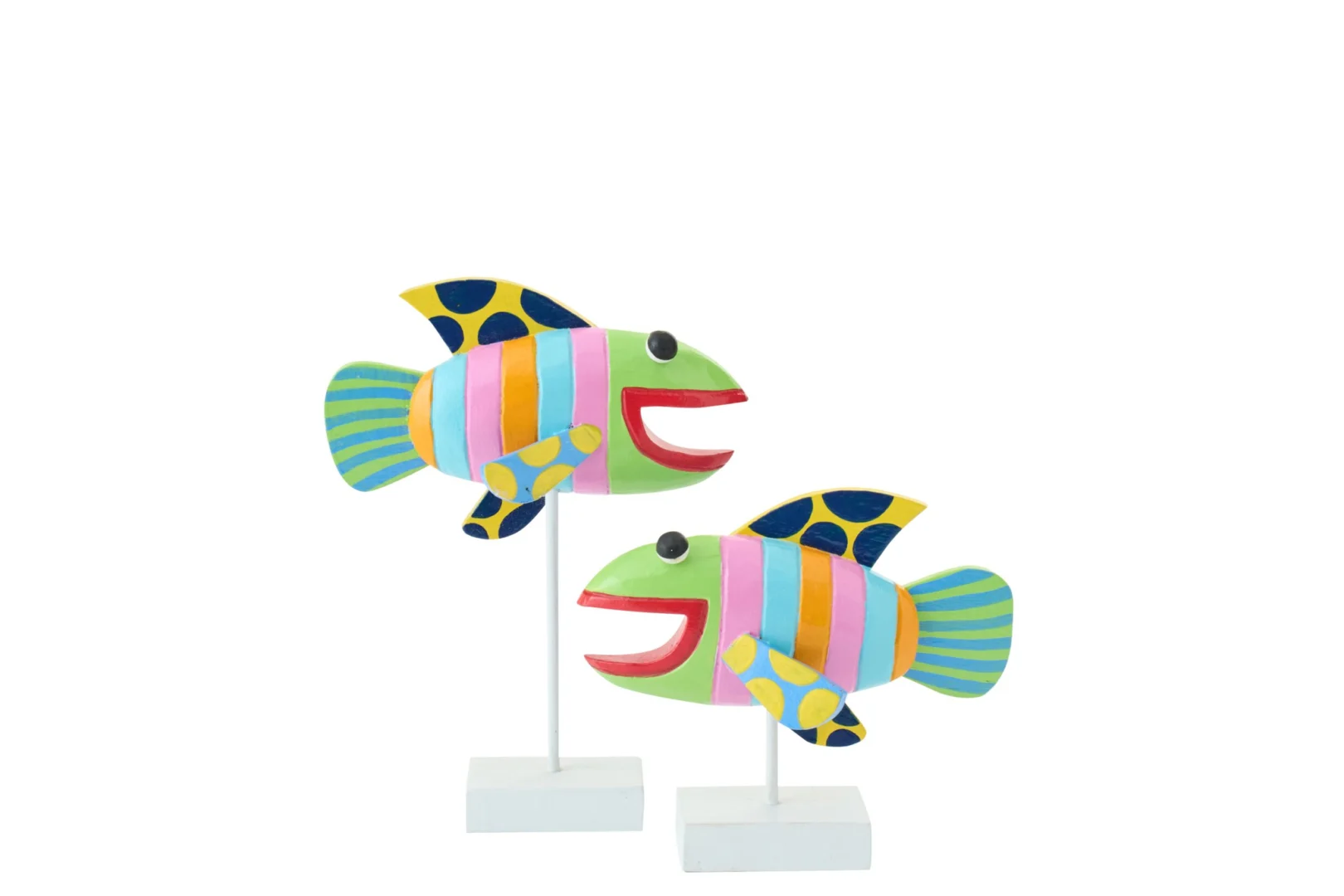 Set van 2 Harmattan Albizia decoratiefiguren in visvorm, meerkleurig hout met speelse strepen en polkadots