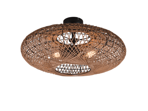 Plafondlamp Flaundand mat zwart Ø52 cm, ronde sisal kap met warm licht en schaduwpatroon