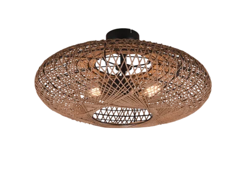 Plafondlamp Flaundand mat zwart Ø52 cm, ronde sisal kap met warm licht en schaduwpatroon